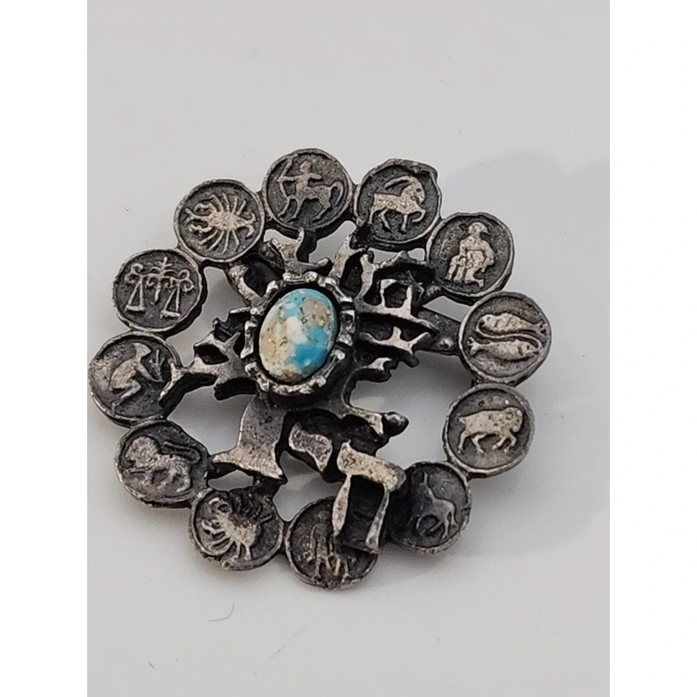Vintage silver tone Western Astrology Zodiac Tree‎ of Life Chai brooch pin